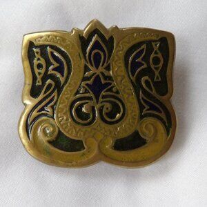 Vintage Double Seahorse Brass and Enamel Belt Buckle India